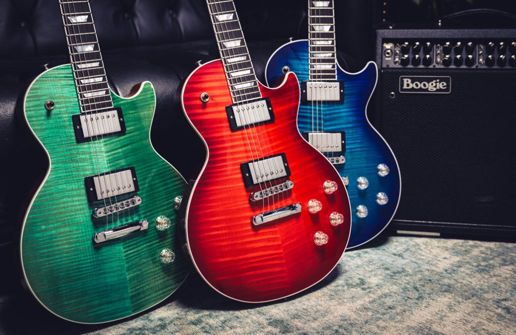 Gibson Les Paul Modern Figured collection in a cobalt burst, cherry burst, and seafoam green finish